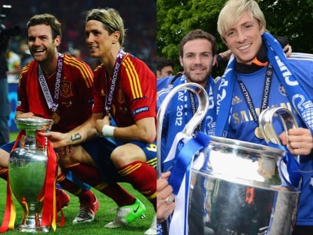 Fernanto Torres y Juan Mata con ambos trofeos continentales con Chelsea y selección española