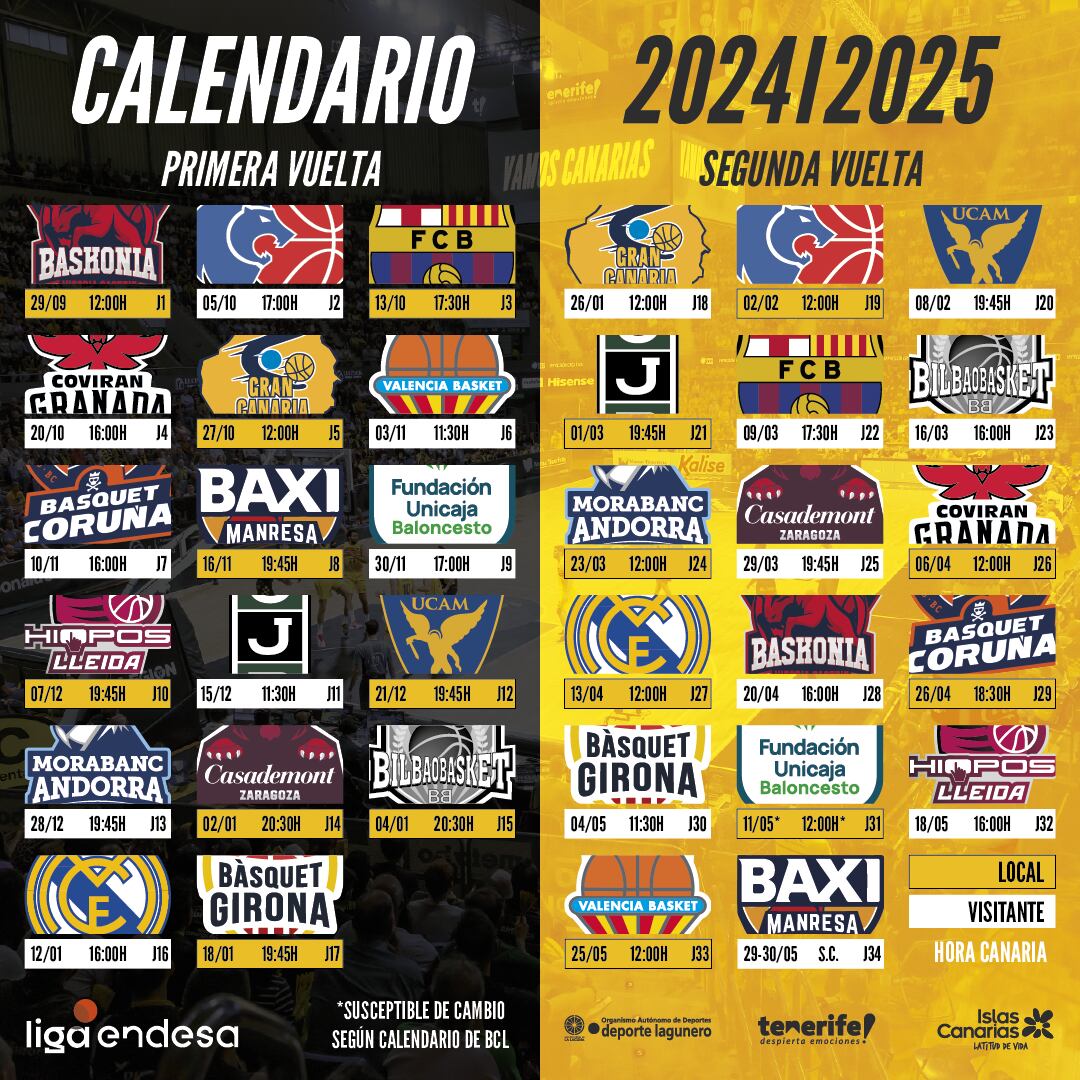 Calendario de la temporada 24-25 del La Laguna Tenerife.