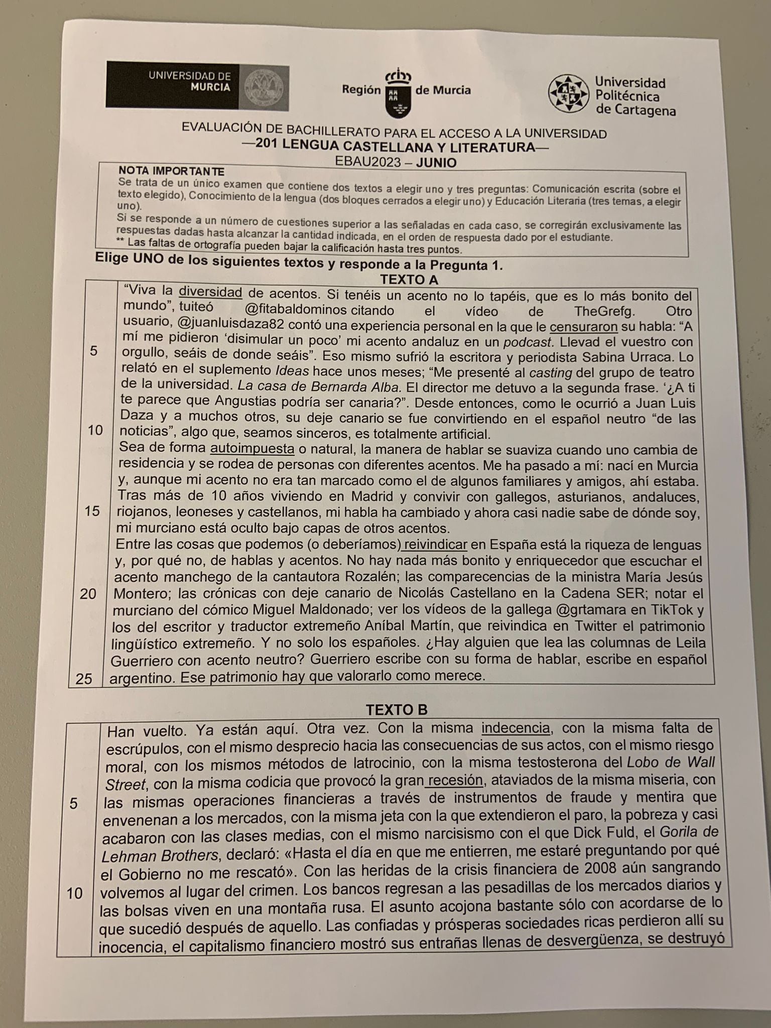 Examen de Lengua y Literatura de la EBAU de Murcia 2023