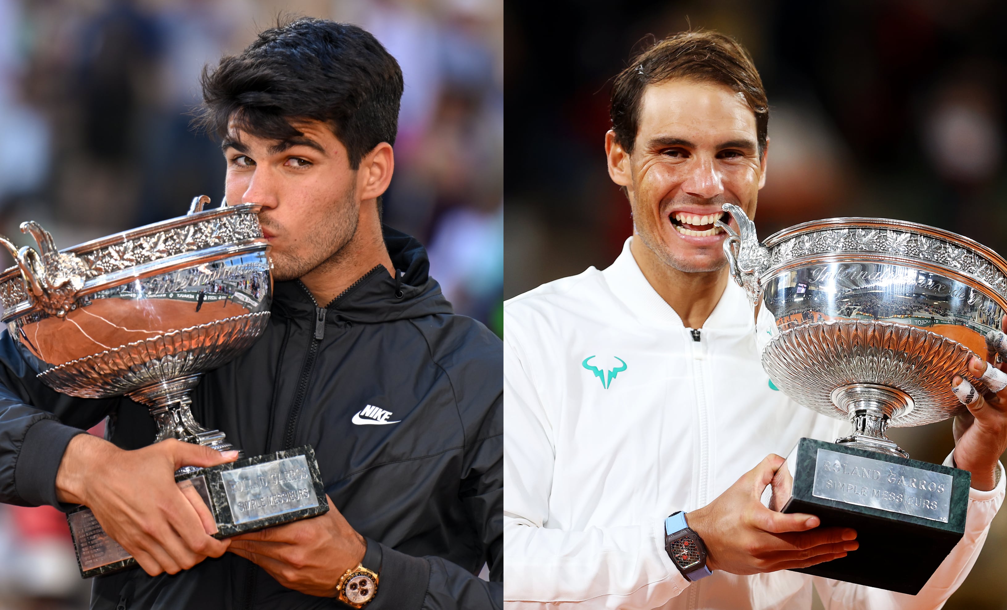 Carlos Alcaraz y Rafa Nadal posan con el título de Roland Garros