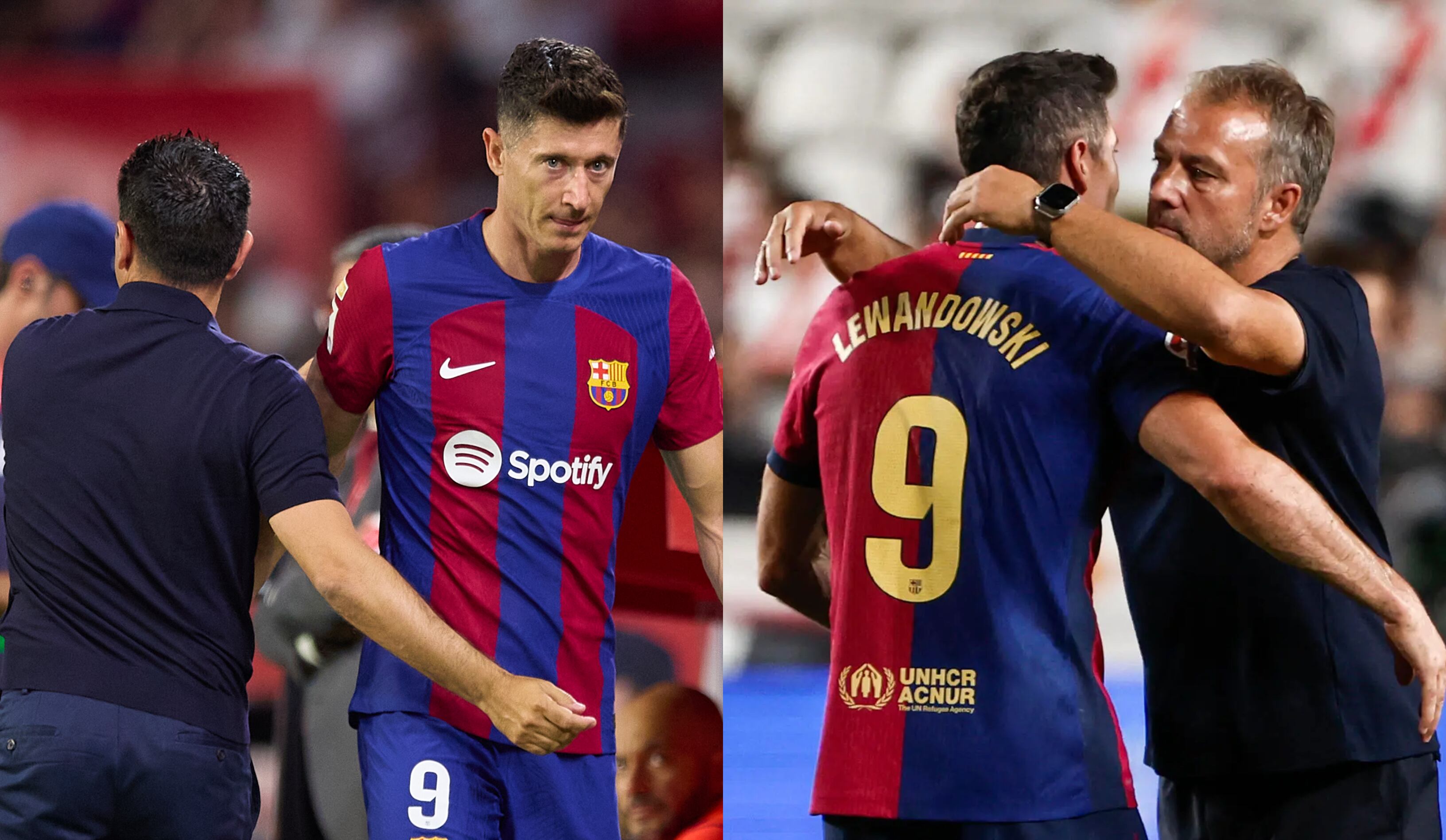 Lewandowski se abraza con Xavi Hernández y Hansi Flick en dos temporadas consecutivas con el FC Barcelona