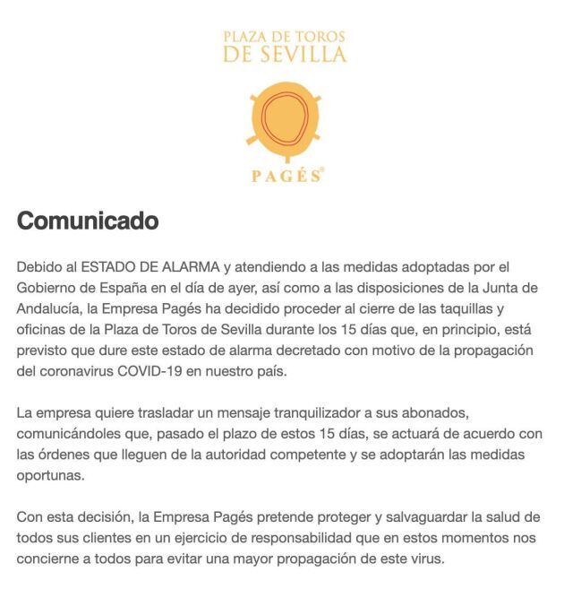 Comunicado oficial de la empresa, compartido a través de sus redes sociales