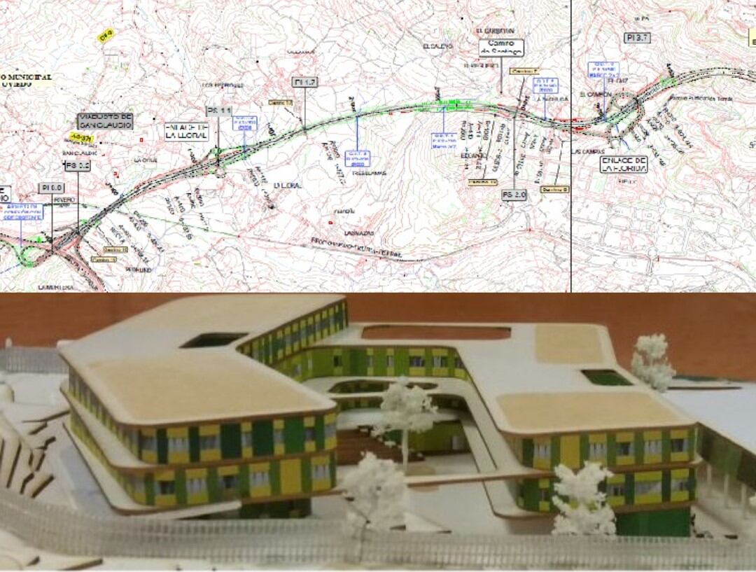 Plano de la alternativa 4 de la Ronda Norte de Oviedo e infografía del proyecto del IES de La Florida