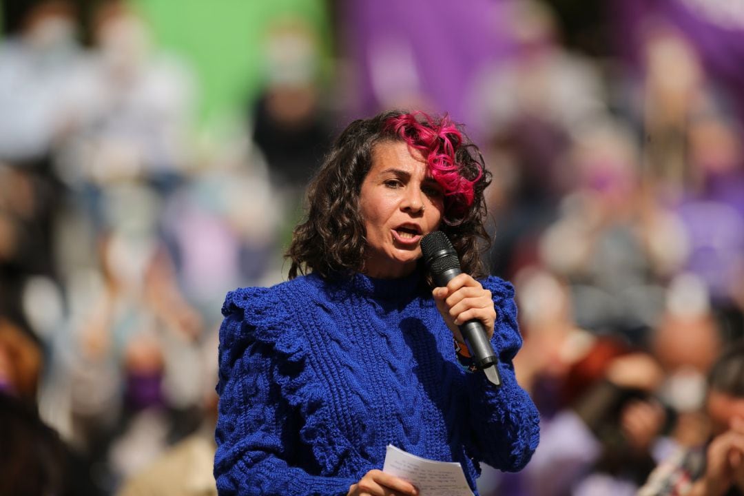 La &#039;número 3&#039; de Unidas Podemos para las elecciones a la Asamblea de Madrid, Vanessa Lillo, durante un acto del partido, en el Parque Olof Palme de Usera, Madrid.