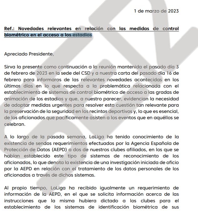 Primera página del escrito remitido por Javier Tebas al Gobierno. 