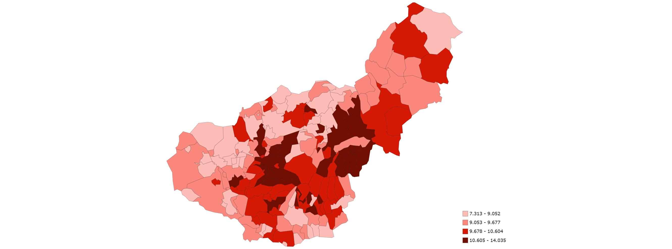 Mapa de renta disponible en la provincia de Granada. Los colores más oscuros indican una nivel de renta más alta