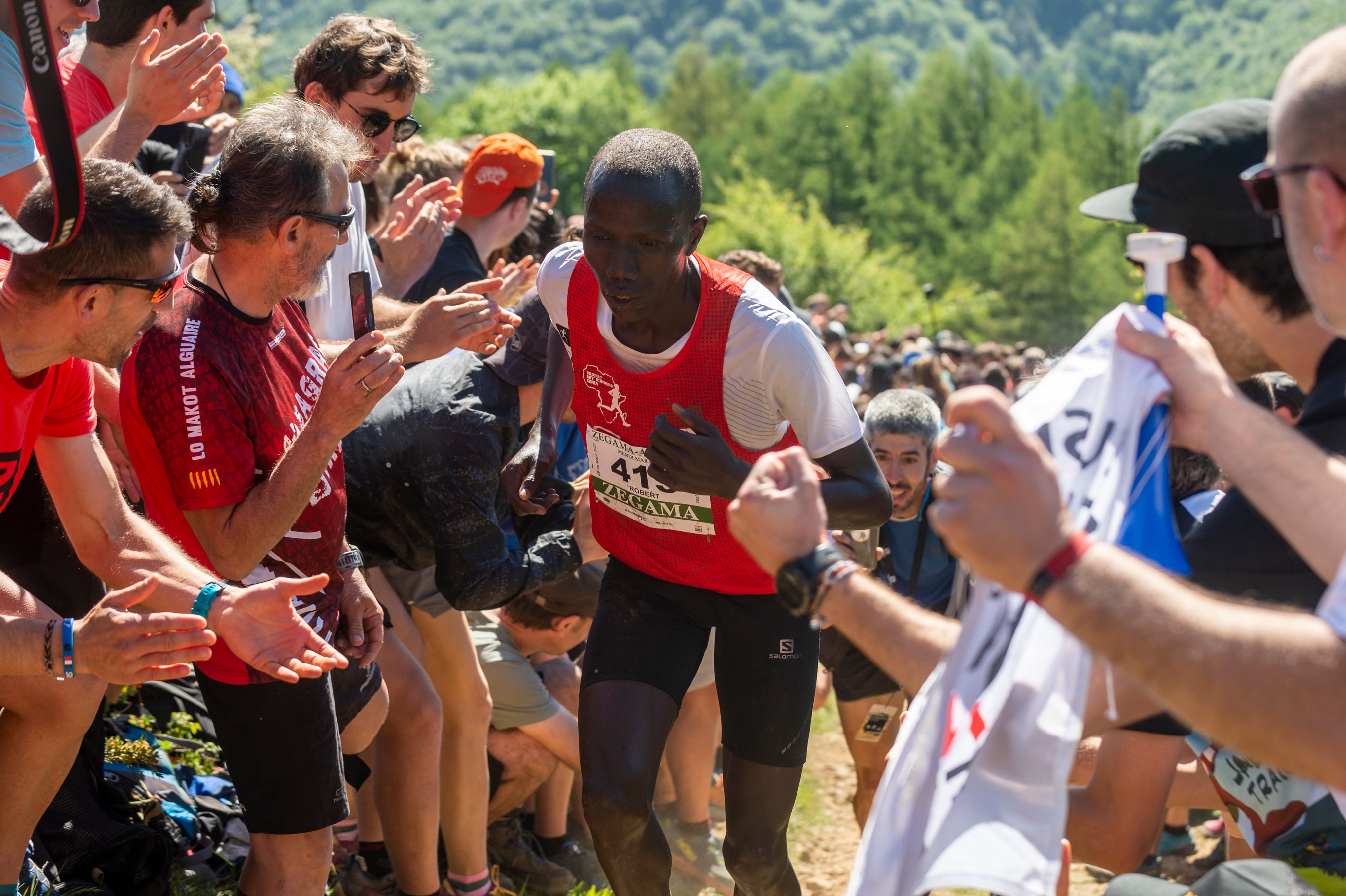 ZEGAMA, SPAIN - MAY 29: Runner Robert Pkemboi runs the slopes of Santi Spiritu during the 21st Zegama-Aizkorri Mendi Maratoia on May 29, 2022 in Zegama, Spain. (Photo by Gari Garaialde/Getty Images)