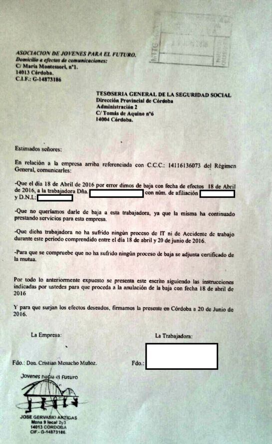 Documento presentado ante la Seguridad Social para el alta con caracter retroactivo de una de las empleadas