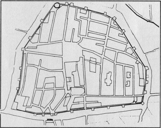 Plànol de la ciutat emmurallada de Reus en època medieval.