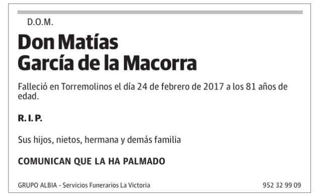 Esquela de Matías García de la Macorra publicada el 25 de febrero de 2017 en el diario &#039;Sur&#039;.