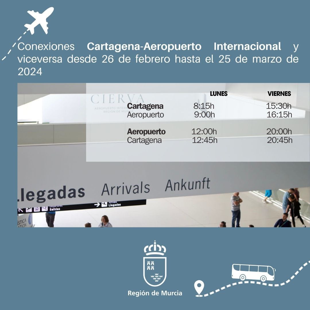 Horarios de la conexión del Aeropuerto Internacional de la Región con Cartagena en autobús