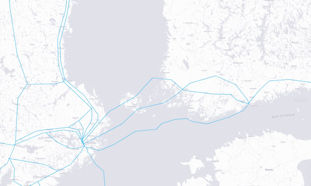 Conexiones de fibra óptica entre Finlandia y Suecia desplegadas por Global Connect, la empresa afectada por la nueva rotura