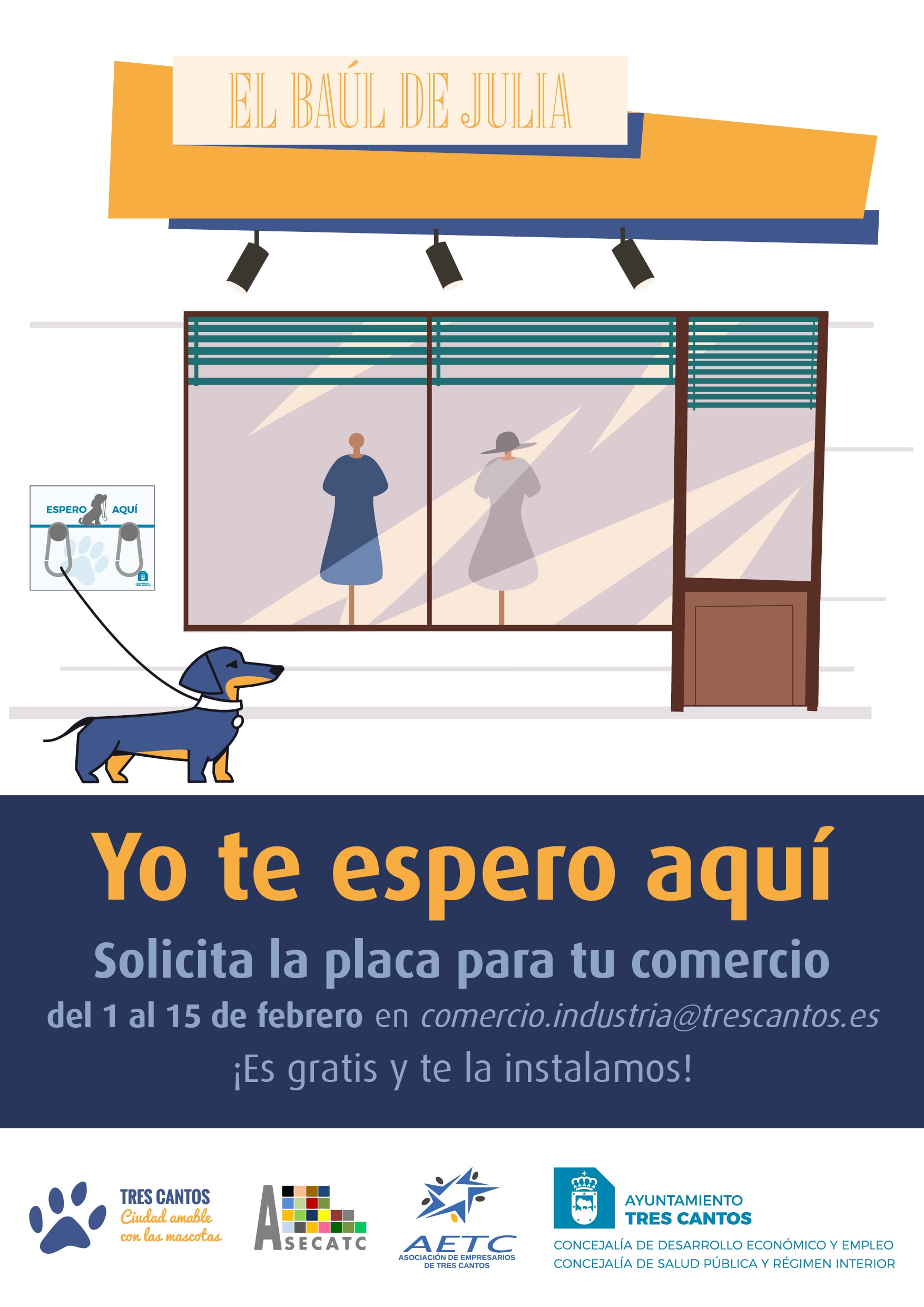 Tres Cantos instala placas con mosquetones para atar a los perros en las puertas de comercios y edificios municipales