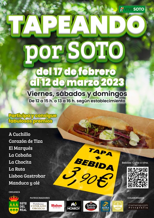 &#039;Tapeando por Soto&#039; vuelve para ofrecer tapas variadas los viernes, sábados y domingos del 17 de febrero al 12 de marzo en los bares y restaurantes participantes de la localidad