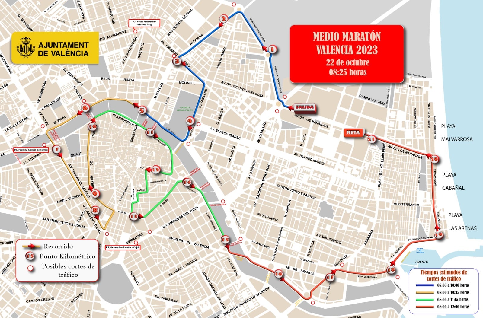 Mapa de cortes de tráfico del Medio Maratón de València de 2023.