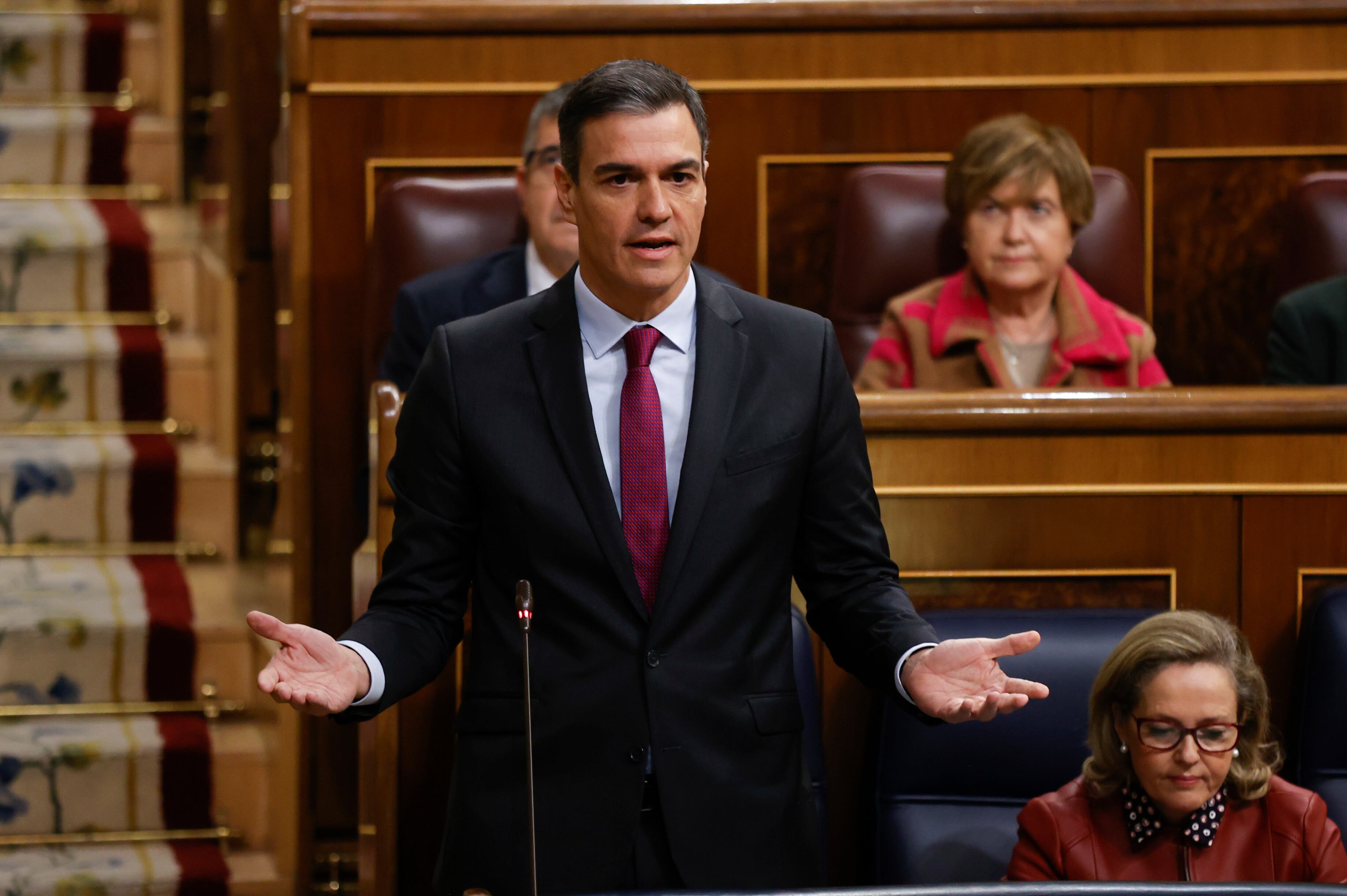 El presidente del Gobierno, Pedro Sánchez, durante su intervención en la sesión de control al Gobierno este miércoles en el Congreso