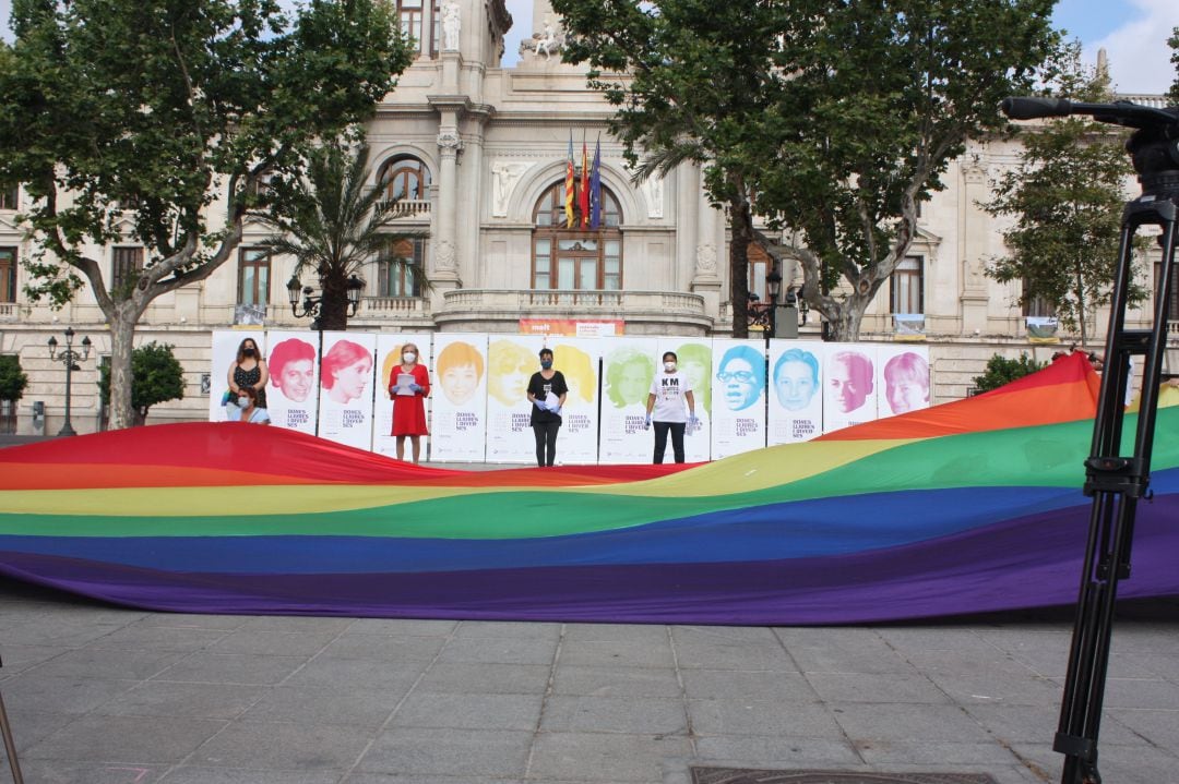 Lectura del manifiesto de Lambda por el Orgullo 2020 en la Plaza del Ayuntamiento de València