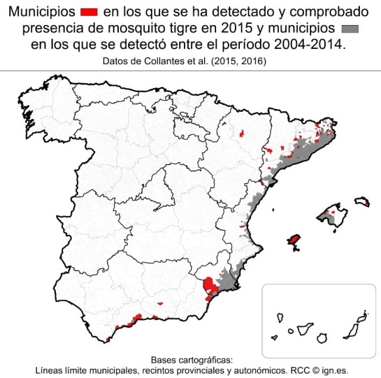 En rojo, municipios en los que se ha detectadi y comprobado presencia del mosquito tigre en 2015; en gris, localidades en los que se detectó entre 2014 y 2014.