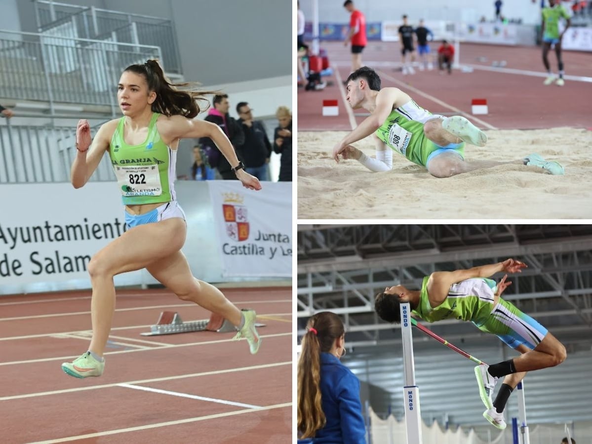 Celia de Frutos (i) David Alejos (arriba dch) y Rubén Martínez representarán al Atletismo Aranda en el Nacional PC Sub-20