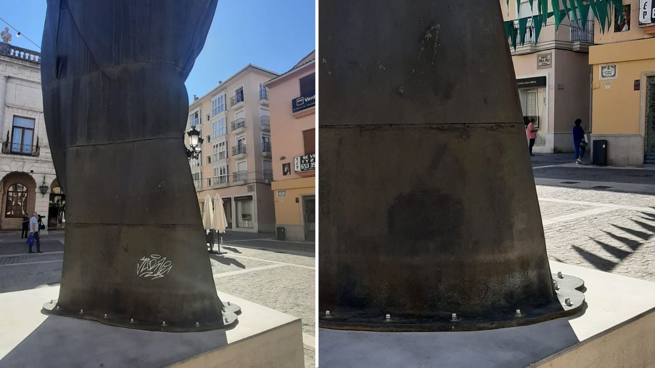 La escultura de Jaume Plensa en Gandia, antes y después de ser reparada.