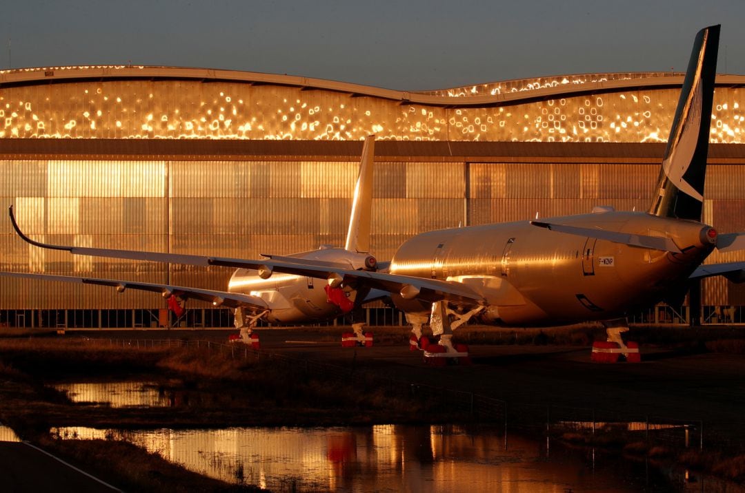 A350 passenger aircraft are seen parked at the Airbus factory in Blagnac near Toulouse 