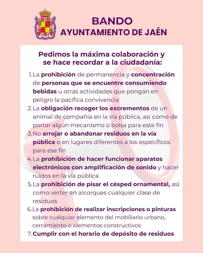 Bando publicado por el Ayuntamiento de Jaén para fomentar la limpieza y mejorar la convivencia.