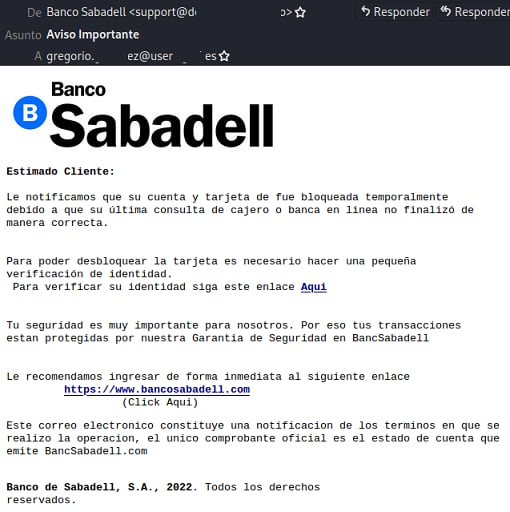 Así es el mail que te puede llegar del Banco Sabadell.