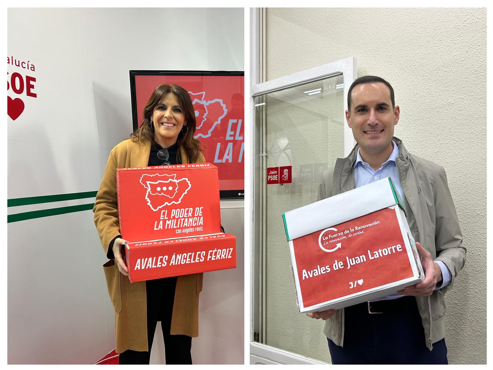 Ángeles Férriz y Juan Latorre, precandidatos a la secretaría general del PSOE de Jaén, sujetan una caja con los avales que han recibido.