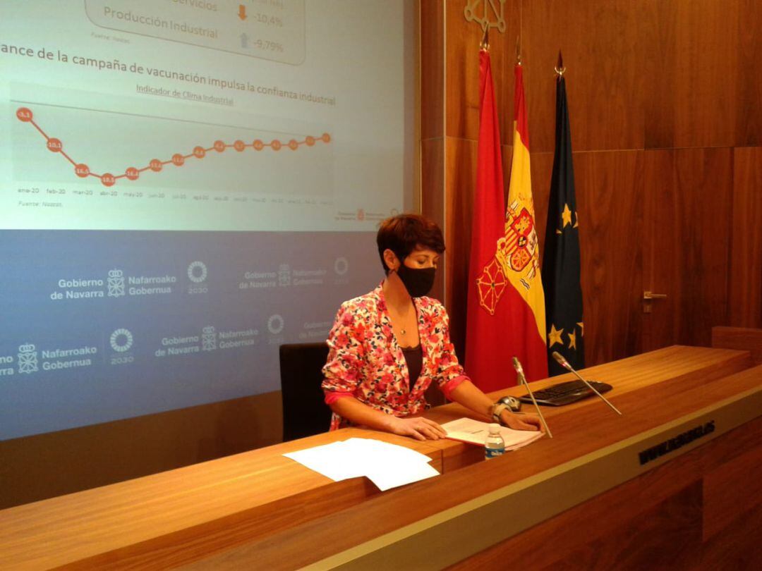 Elma Saiz, consejera de Economía y Hacienda del Gobierno de Navarra, en la presentación de los datos trimestrales del PIB.