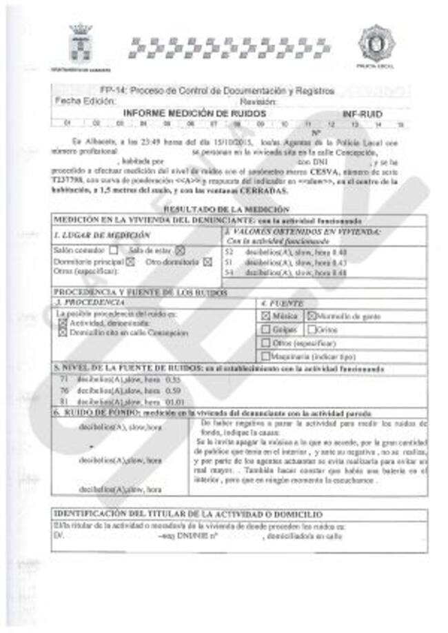 Informe de la Policía Local que certifica la medición registrada por un sonómetro homologado