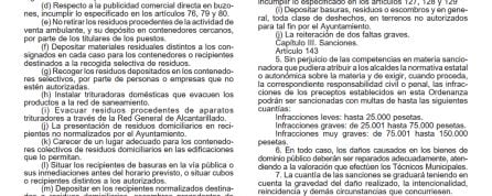 Fragmento de la ordenanza de Medio Ambiente de Benidorm donde se recogen las cuantías en pesetas para los distintos tipos de infracciones (Art. 143)