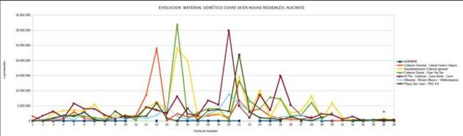 Evolución de la presencia del genoma del virus en los colectores de Alicante