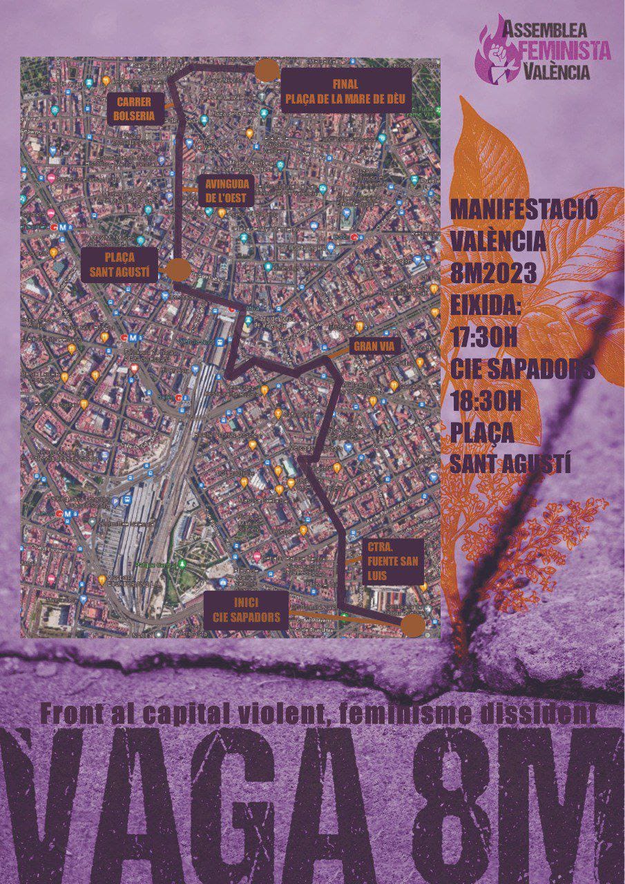 Mapa del recorrido de la manifestación del 8M de la Assemblea Feminista València