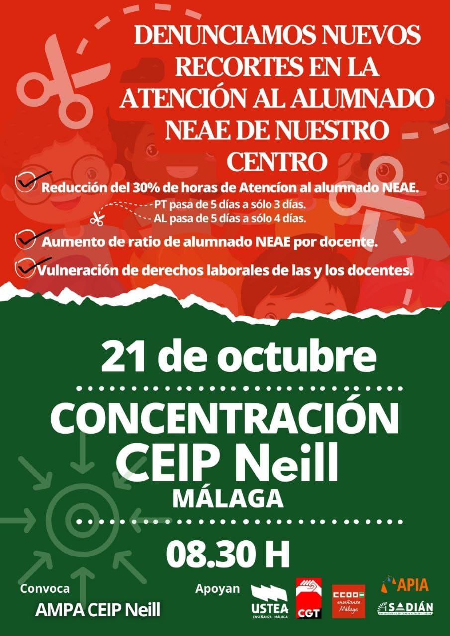 El cartel con el que la AMPA del colegio público Neill convoca la concentración del próximo 21 de octubre