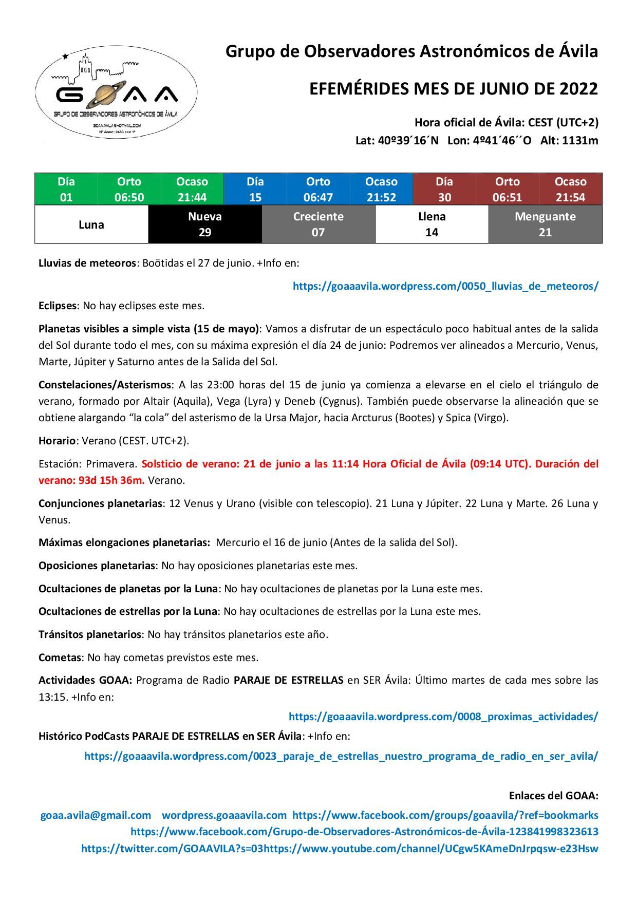 Efemérides Astronómicas junio