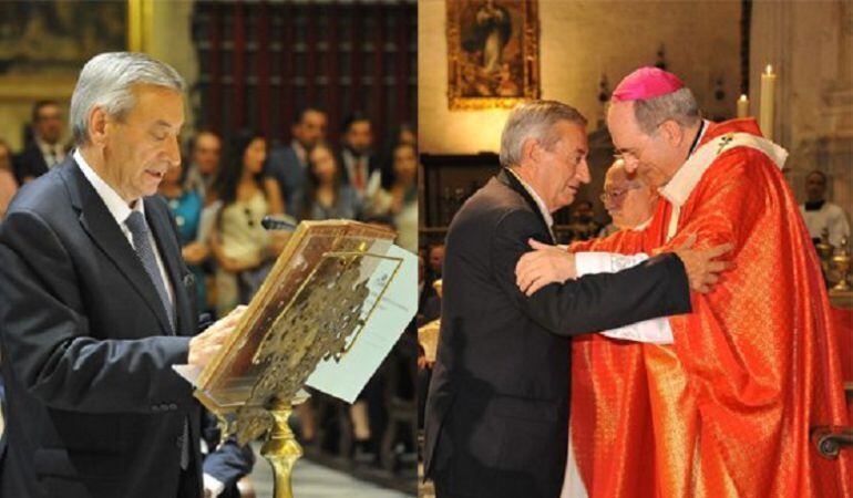 Dos imágenes recientes de Jesús Basterra, a la derecha saludando al arzobispo de Sevilla, Juan José Asenjo Pelegrina