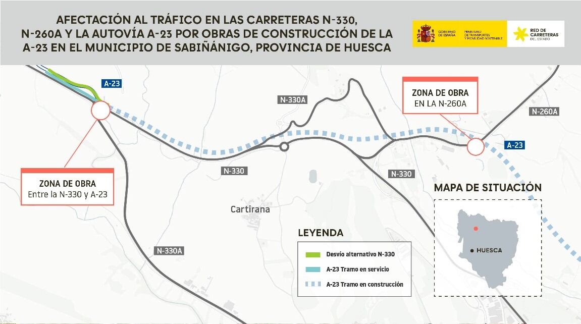 Mapa afectación del tráfico A-23 Sabiñánigo