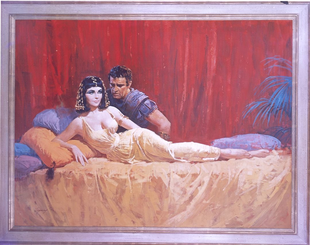 Ilustración que muestra a Richard Burton como Marco Antonio y Elizabeth Taylor como Cleopatra.