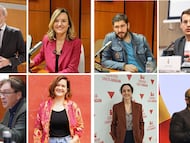 Candidatos a las elecciones autonómicas del 8 de febrero de 2026 en Aragón. De izquierda a derecha y de arriba a abajo: Jorge Azcón (PP), Pilar Alegría (PSOE), Alejandro Nolasco (Vox), Jorge Pueyo (CHA), Tomás Guitarte (Teruel Existe), María Goikoetxea (Podemos), Marta Abengochea (IU) y Alberto Izquierdo (PAR)