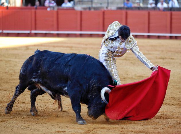 Antonio Grande en un natural al primer novillo de su lote, segundo de la tarde