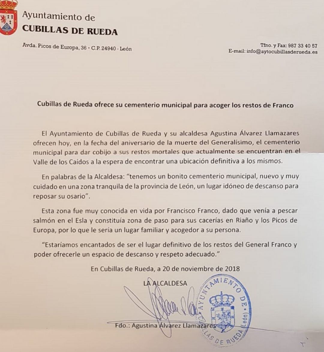 Imagen de la carta remitida por la alcladesa de Cubillas de Rueda a la Fudnación Francisco Franco