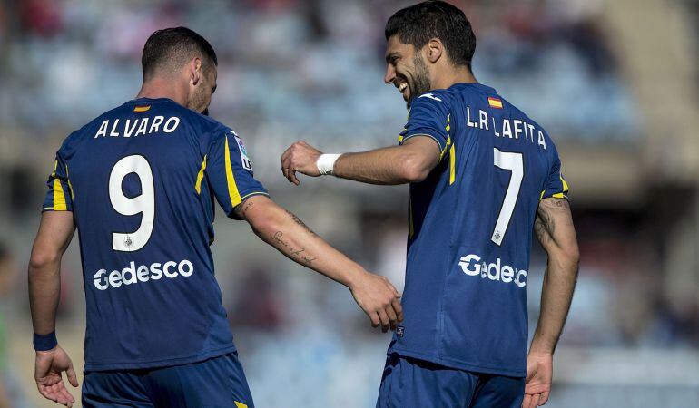 GETAFE, SPAIN - NOVEMBER 29: Alvaro Vazquez (L) of Getafe CF celebrates scoring their second goal with teammate Angel Lafita (R) during the La Liga match between Getafe CF and Villareal CF at Coliseum Alfonso Perez on November 29, 2015 in Getafe, Spain. (Photo by Gonzalo Arroyo Moreno Getty Images)
