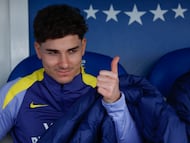 LEGANÉS (C A MADRID), 15/02/2026.- El delantero argentino del Atlético de Madrid Julián Álvarez en los momentos previos al partido de la jornada 24 de LaLiga que disputan el Rayo Vallecano y el Atlético de Madrid, en el estadio Butarque de Leganés, este domingo. EFE/ Mariscal