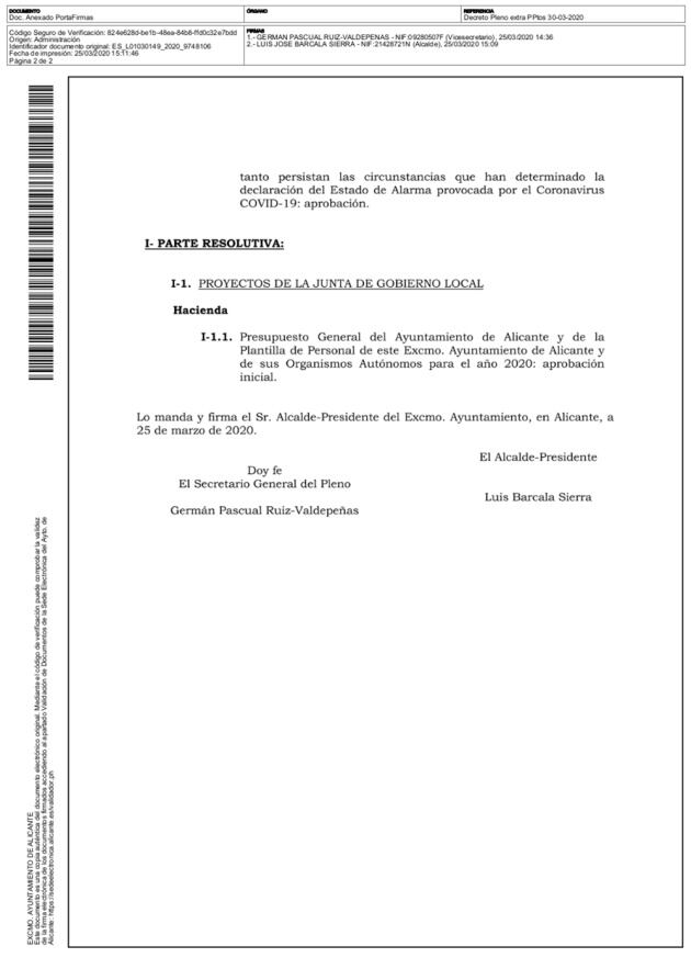 Convocatoria del Pleno del Ayuntamiento de Alicante