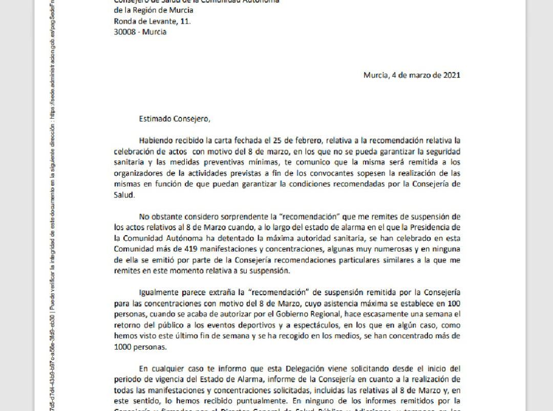 Carta enviada por el Delegado del Gobierno al consejero de Salud