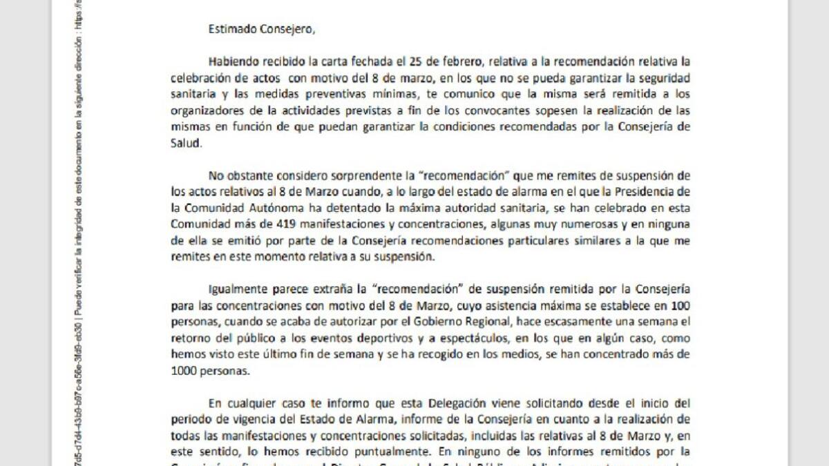 Vélez "extrañado" por la recomendación de Salud de suspender el 8M, cuando no hay ningún informe negativo