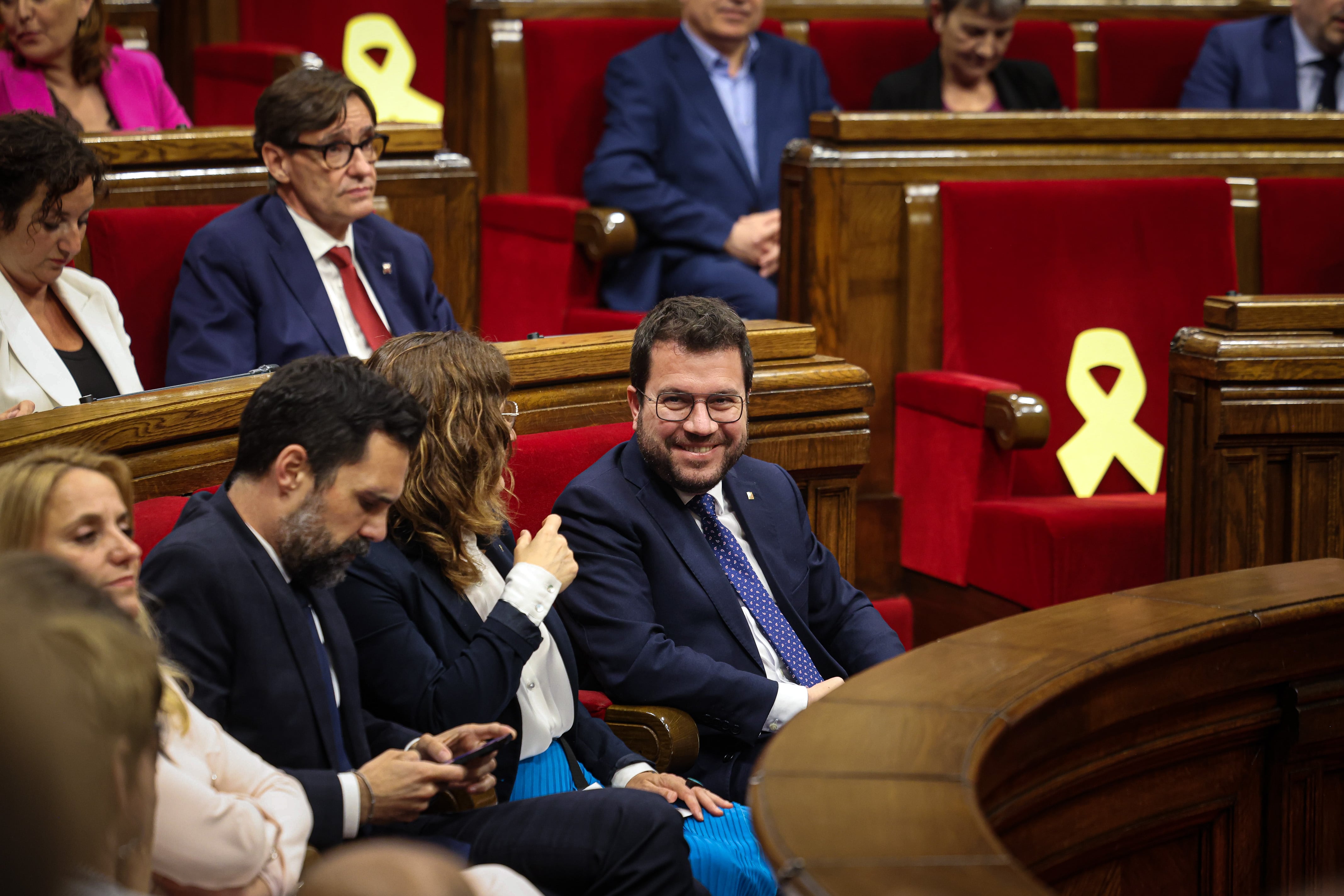 El president de la Generalitat en funcions, Pere Aragonès, durant el ple de constitució del Parlament