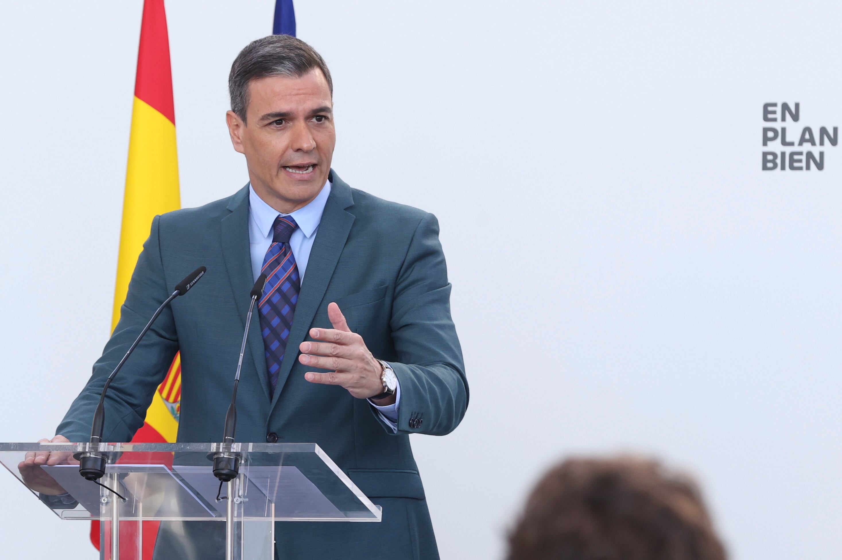 GETAFE (MADRID), 10/06/2022.- El presidente del Gobierno, Pedro Sánchez, durante su intervención este viernes en la clausura del acto de presentación del Plan Estratégico Nacional para la Reducción de la Obesidad Infantil, en Getafe. EFE/Kiko Huesca
