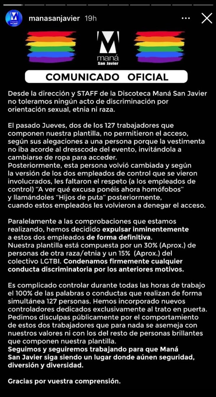 Comunicado de la discoteca Maná, en San Javier