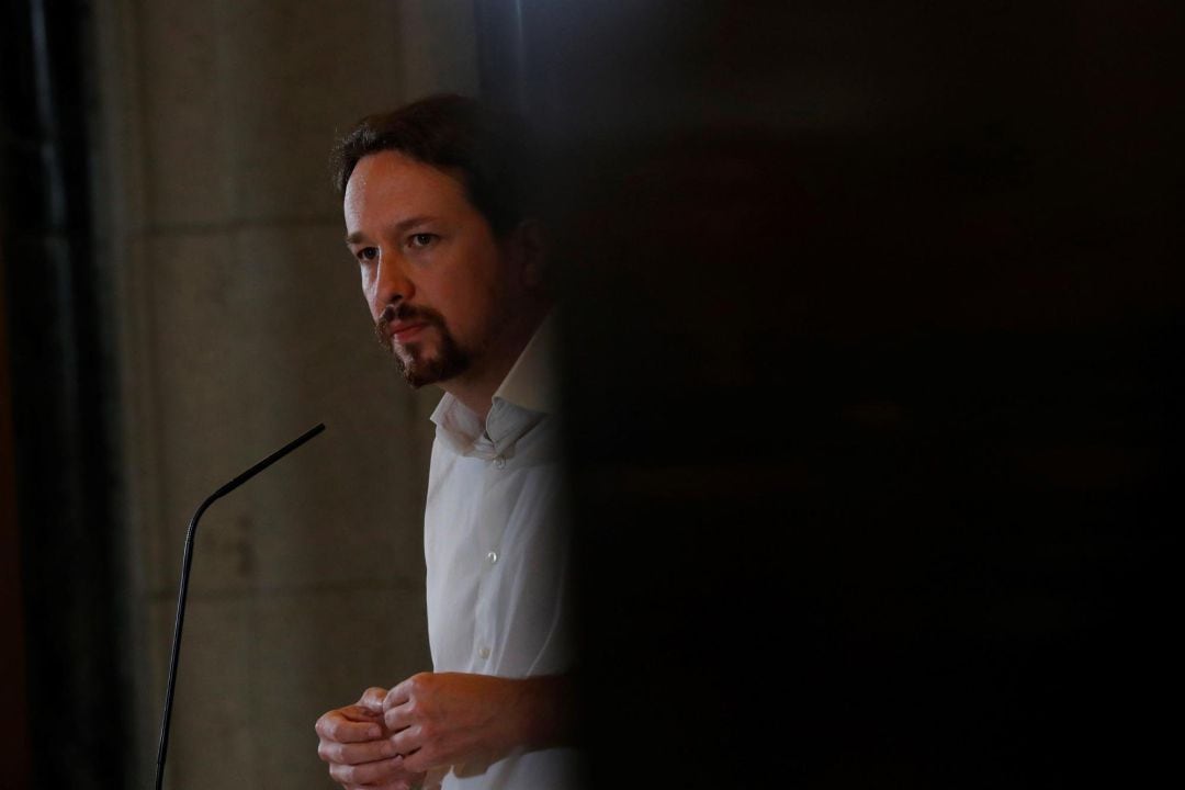 El secretario general de Podemos, Pablo Iglesias, durante su comparecencia ante los medios